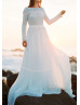 Long Sleeve Ivory Lace Chiffon V Back Wedding Dress